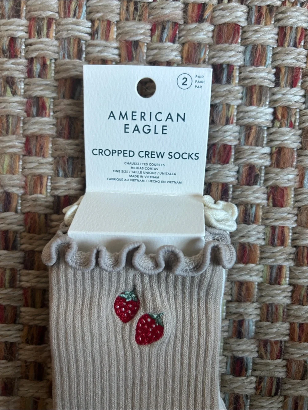 American Eagle Outfitters Beige Cropped Crew Socks with Strawberry Embroidery